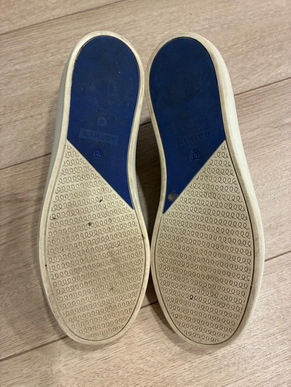 Rothy's Slip-On Sneakers in Light Taupe with Blue Pull Tab